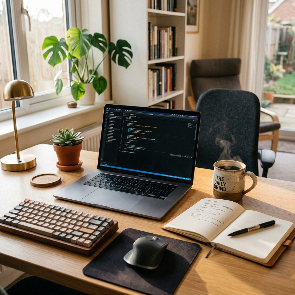포근한 아침 햇살이 들어오는 홈 오피스 데스크와 노트북 모습의 실사판 이미지