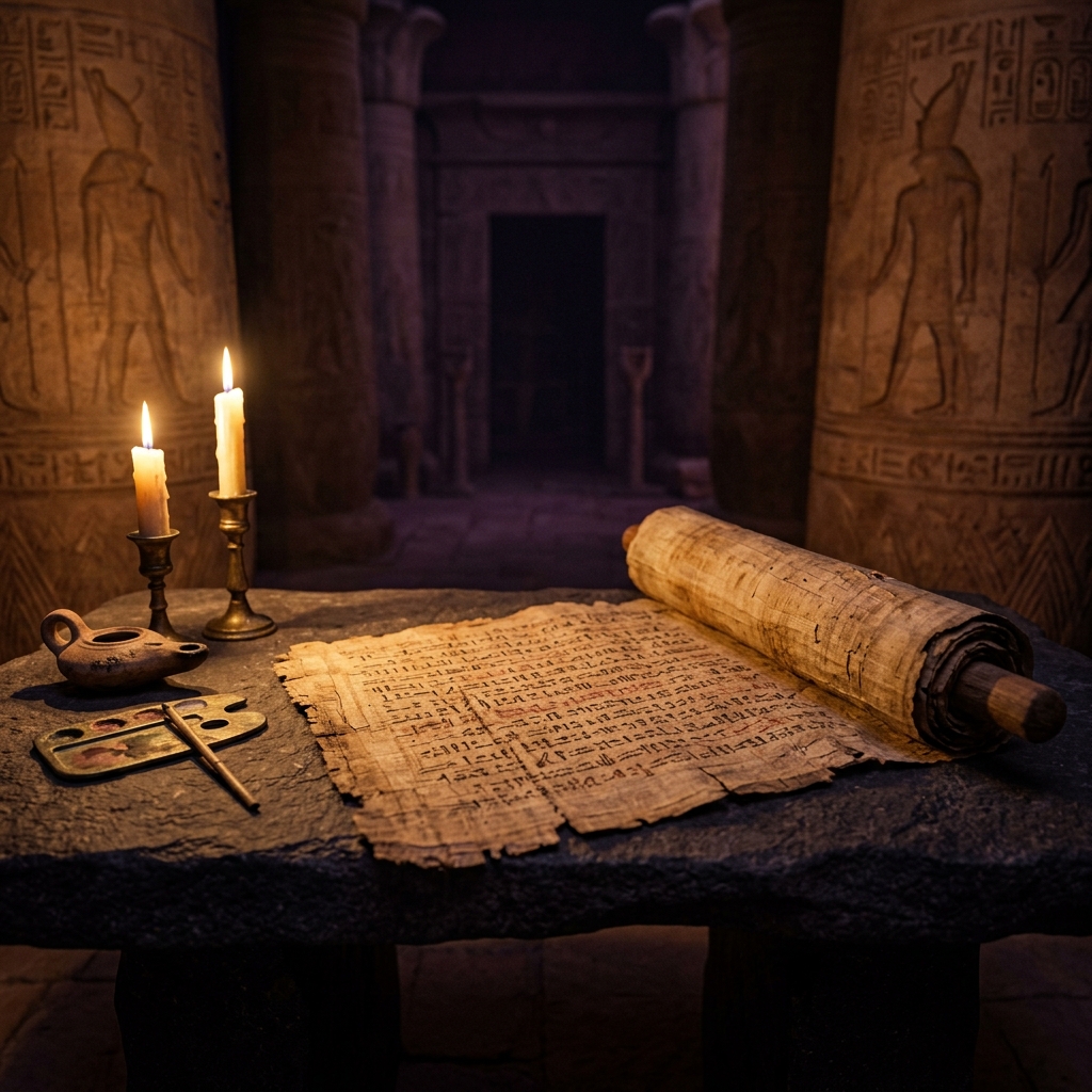 고색창연한 파피루스와 촛불이 어우러진 신비로운 성경적 배경 이미지