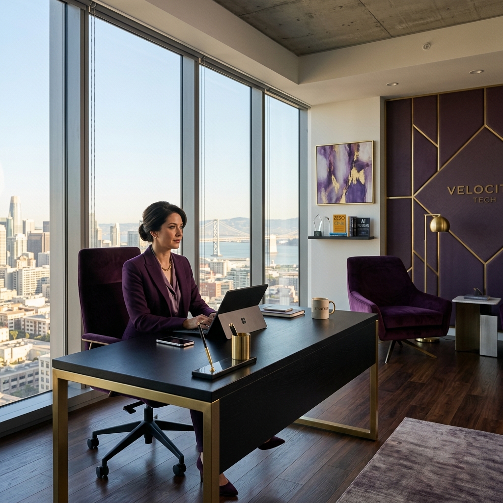 고급스럽고 미니멀한 빅테크 CEO의 집무실을 상징하는 깊은 보라색과 골드 톤의 실사 이미지