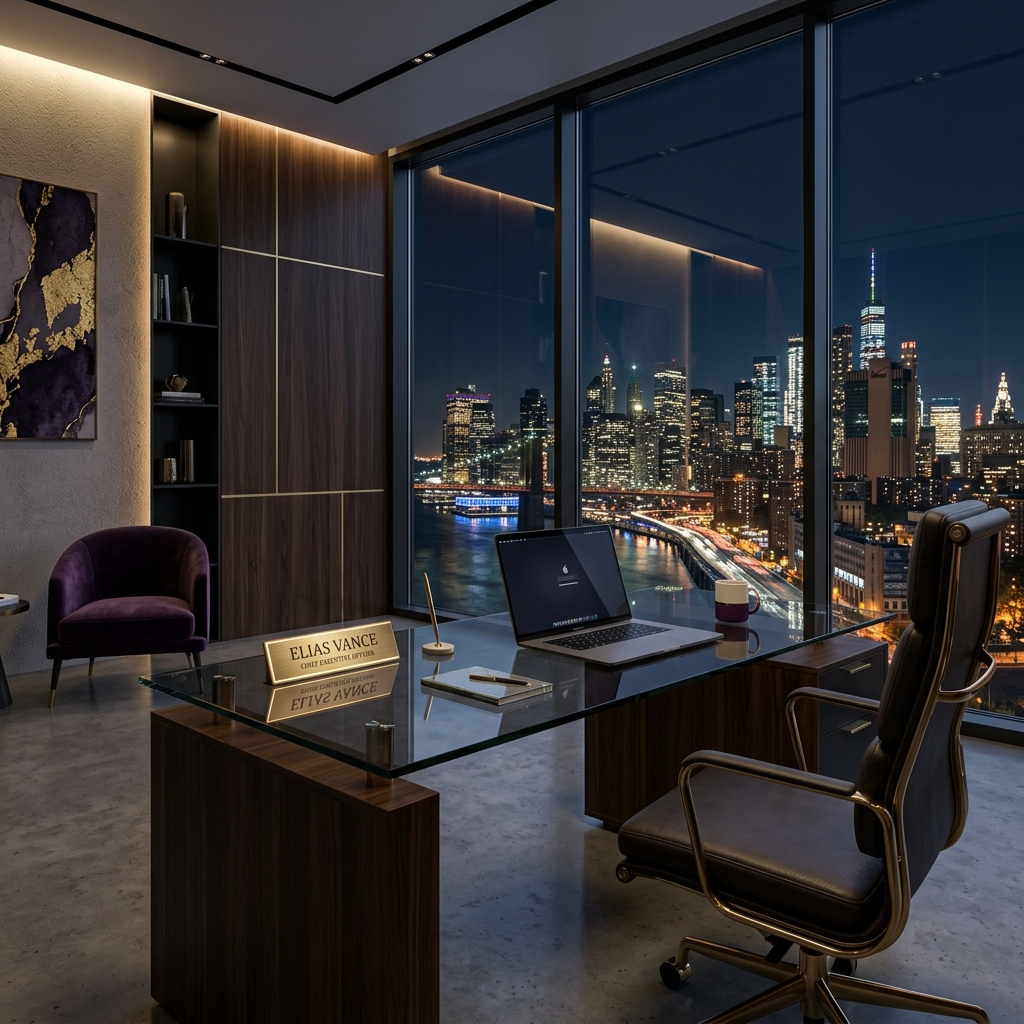 고급스럽고 미니멀한 CEO의 집무실과 전문적인 분위기를 상징하는 이미지