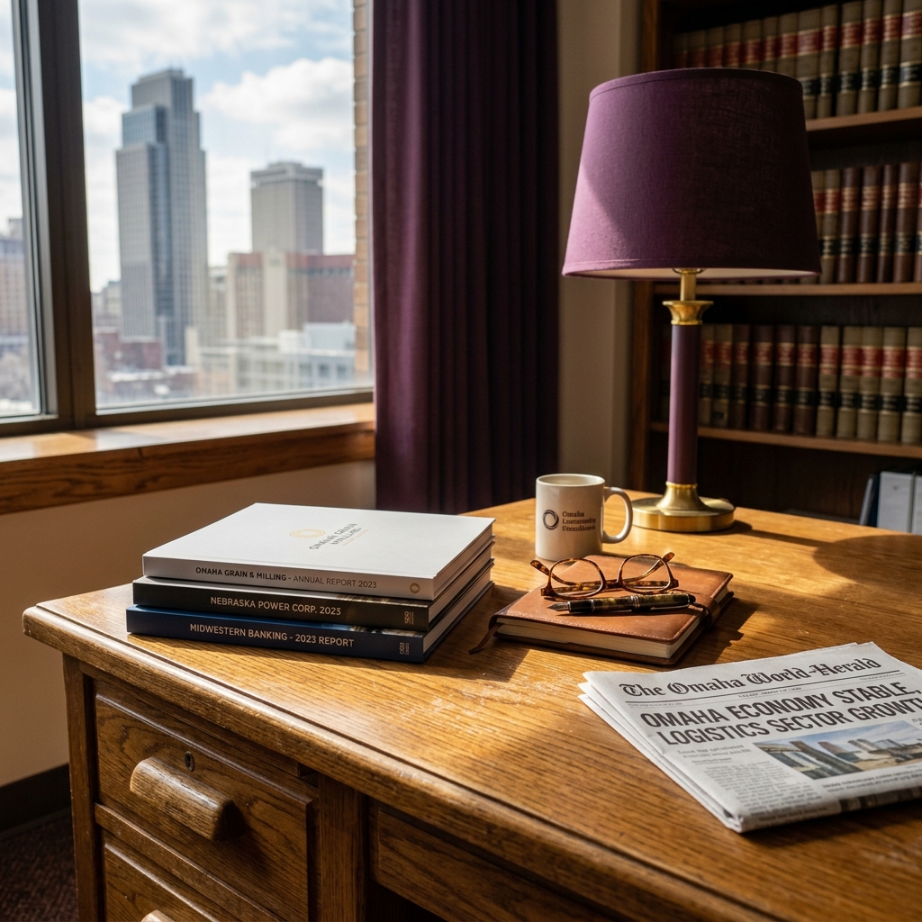 워렌 버핏의 소박한 사무실과 연례 보고서를 상징하는 프리미엄 이미지