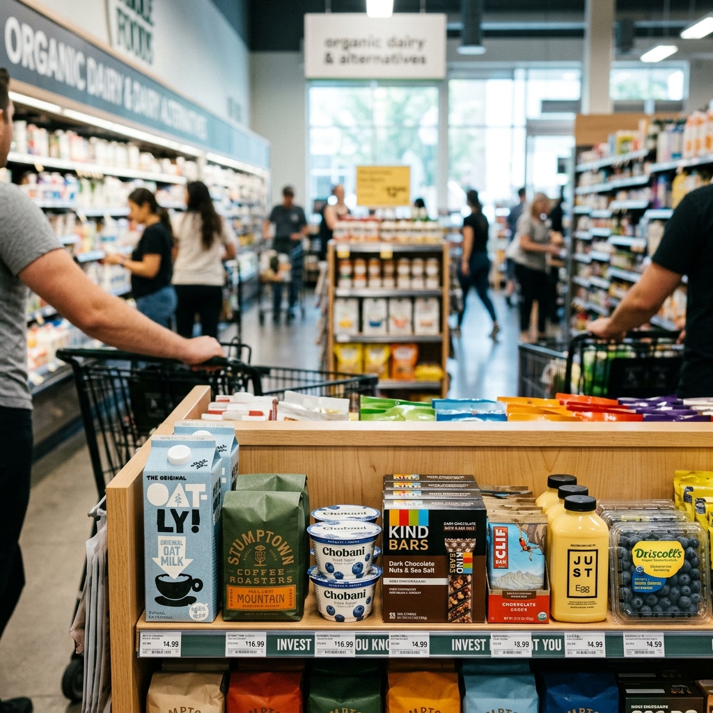 일상 속 소비 제품과 쇼핑 현장을 통해 투자의 기회를 발견하는 활기찬 이미지