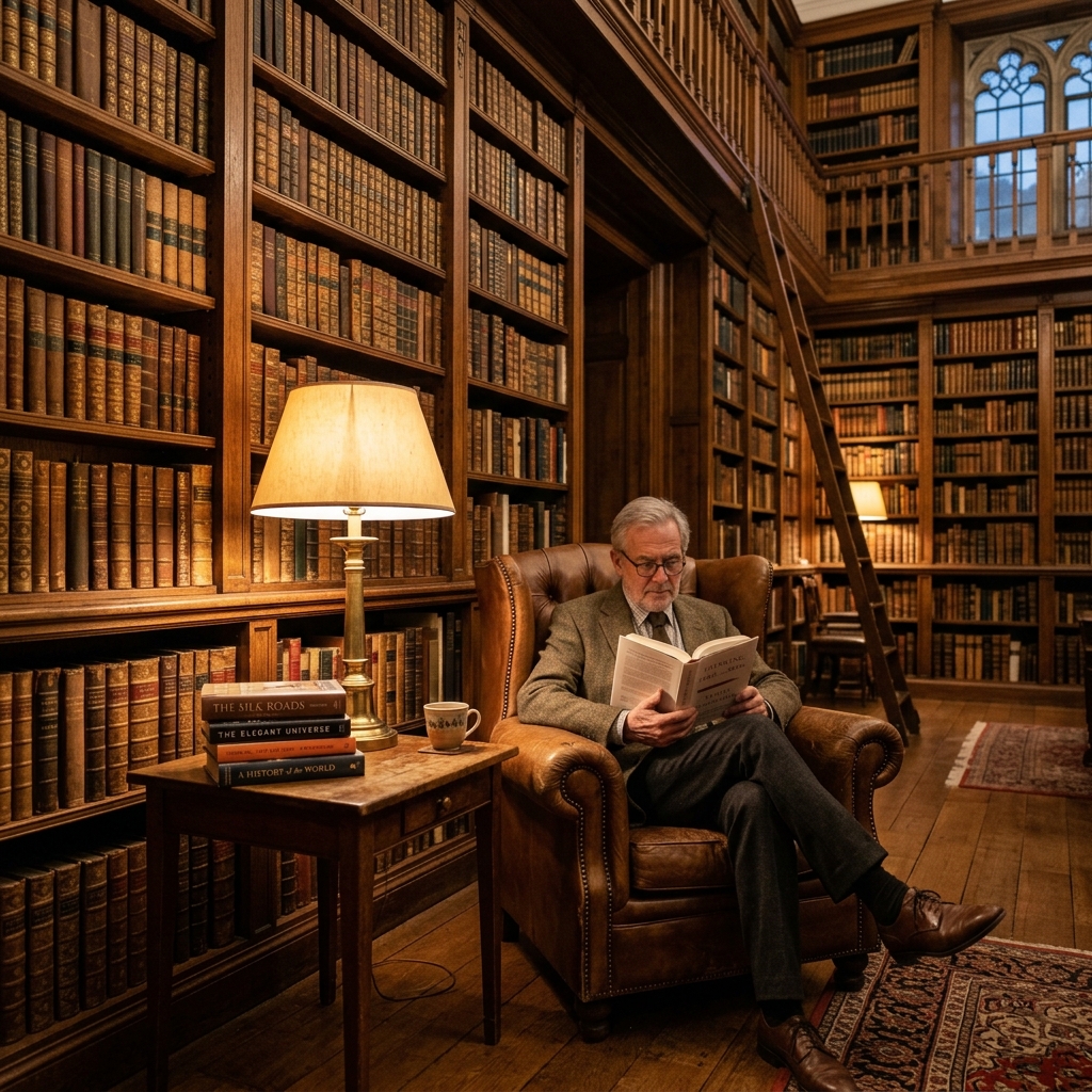 찰리 멍거의 다학제적 사고를 상징하는 서재와 지혜로운 분위기의 이미지