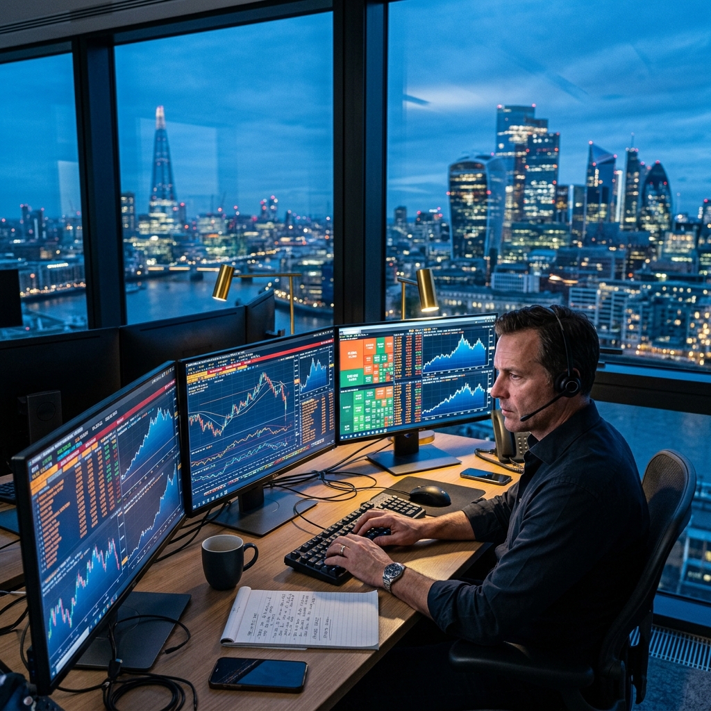 글로벌 매크로 투자를 상징하는 세련된 트레이딩 룸과 세계 지도의 이미지