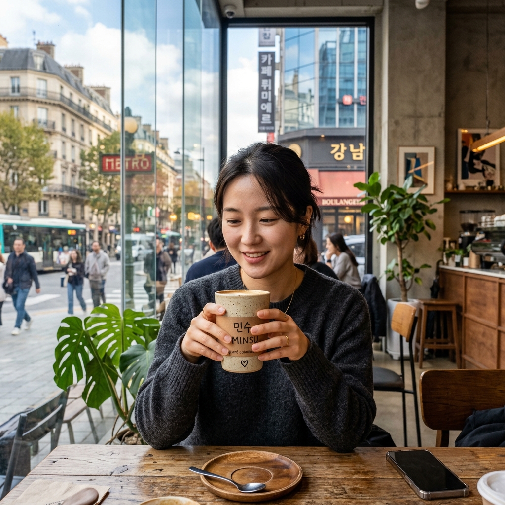 현대적인 글로벌 카페에서 한국 이름이 적힌 컵을 들고 있는 감각적인 이미지