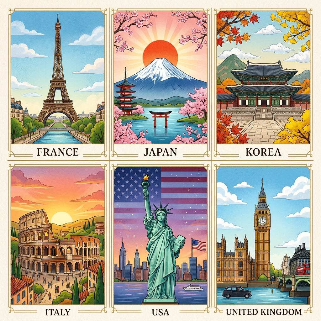 세계 주요 랜드마크 — 에펠탑, 후지산, 경복궁