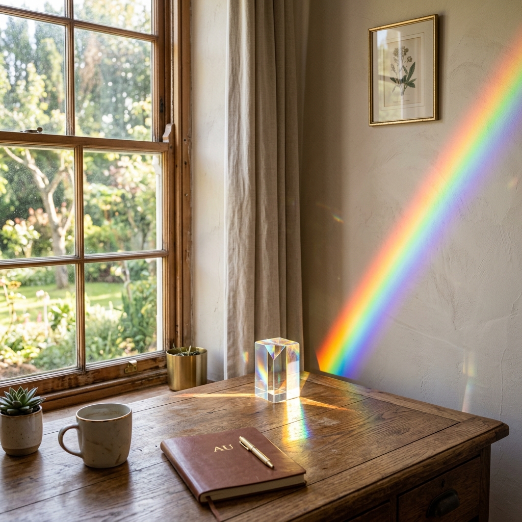 창문으로 스며드는 따스한 햇살과 빛의 굴절이 어우러진 신비로운 이미지