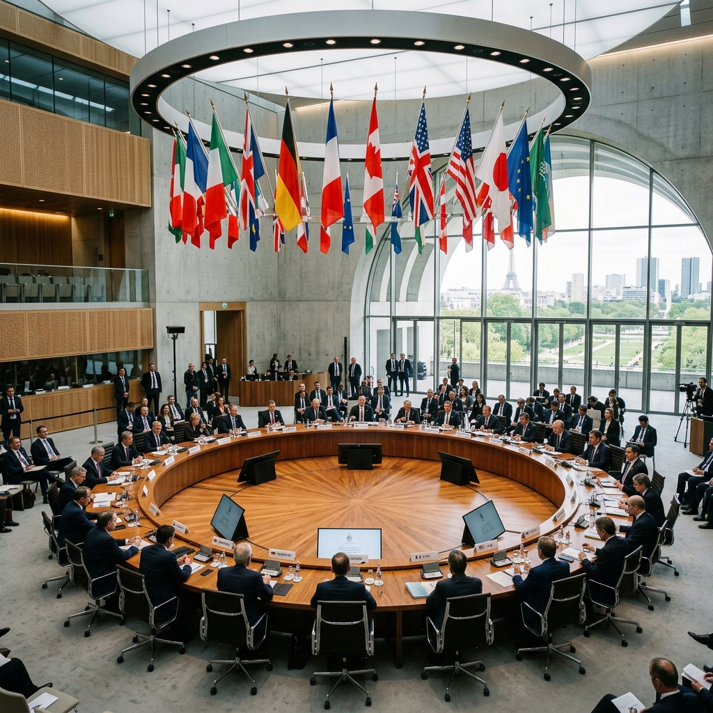 OECD 정상 회담장과 국제 리더십을 상징하는 이미지